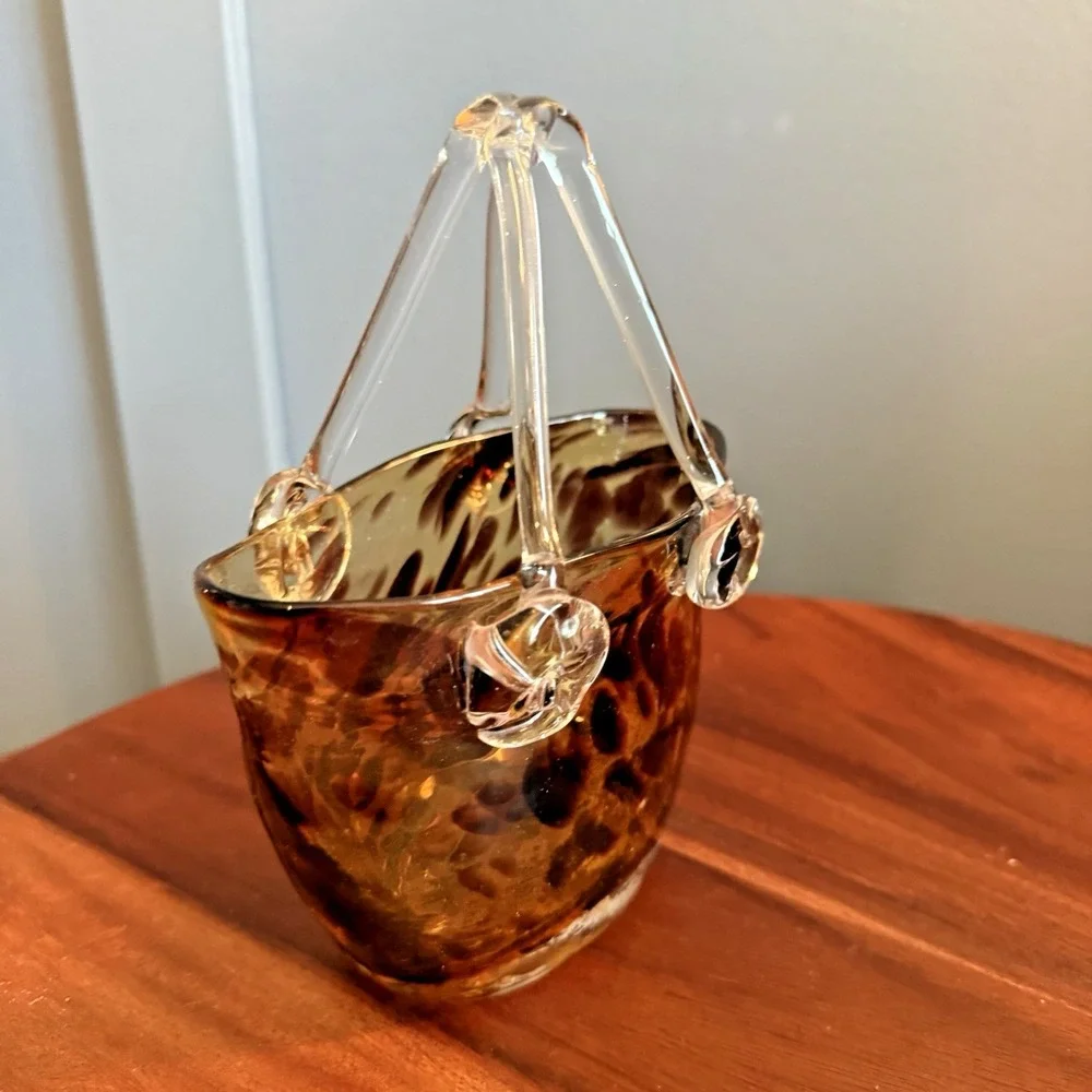 Murano Style Art Glass Purse Vase Amber Tortoiseshell Handbag Vase Decor